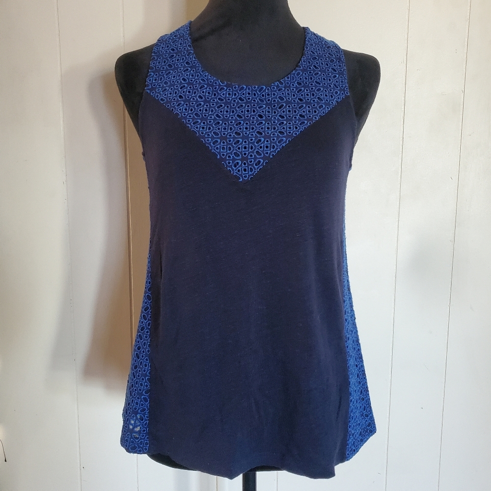J. Crew Womens Blue Linen Sleeveless Blouse Tank Top W/ Eyelet Detaling XS